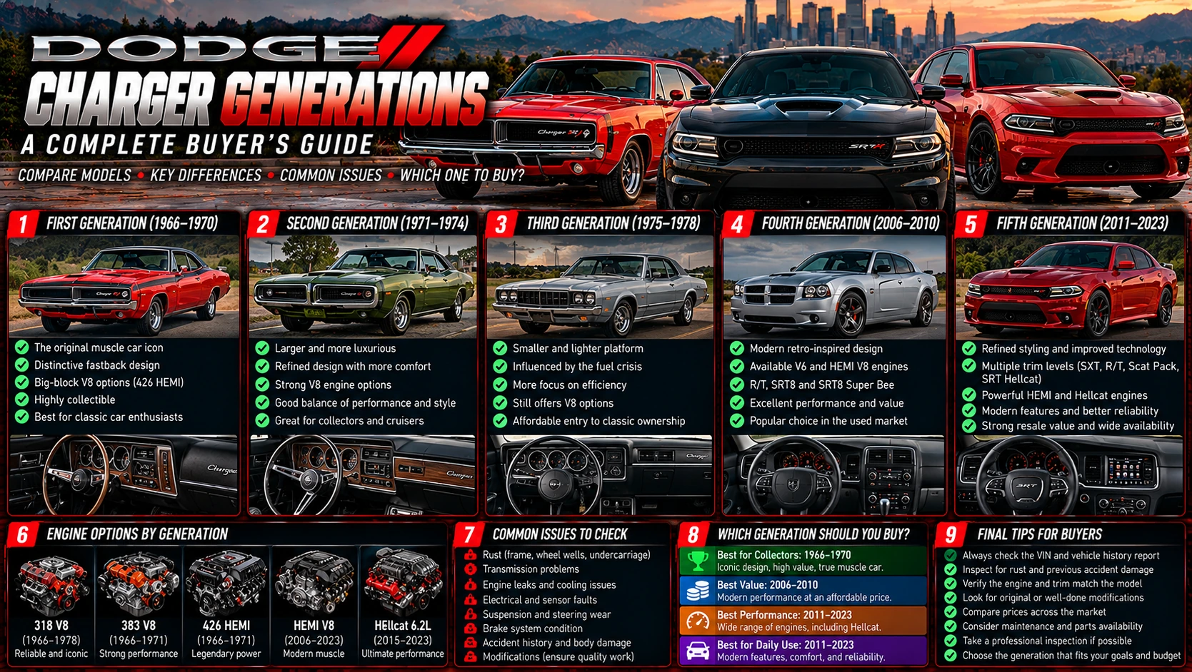 Illustrated Dodge Charger generation comparison with several vehicles and buyer considerations; decorative visual for a related Dodge buying guide.