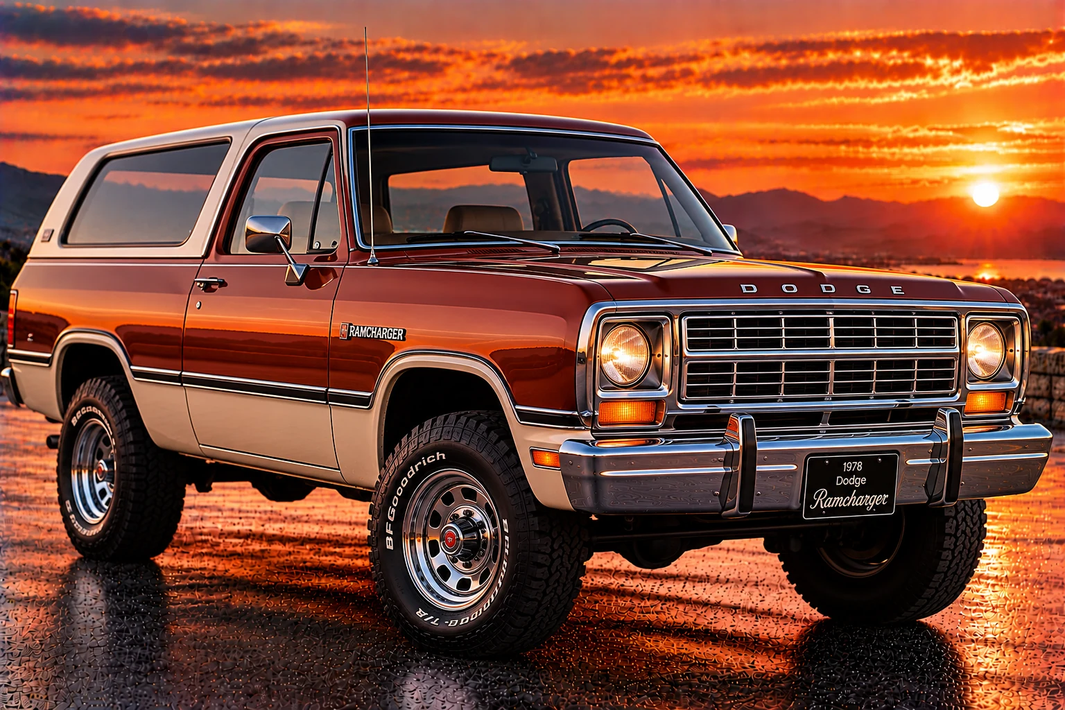 1978 Dodge Ramcharger, two-tone maroon and ivory two-door SUV, front three-quarter view