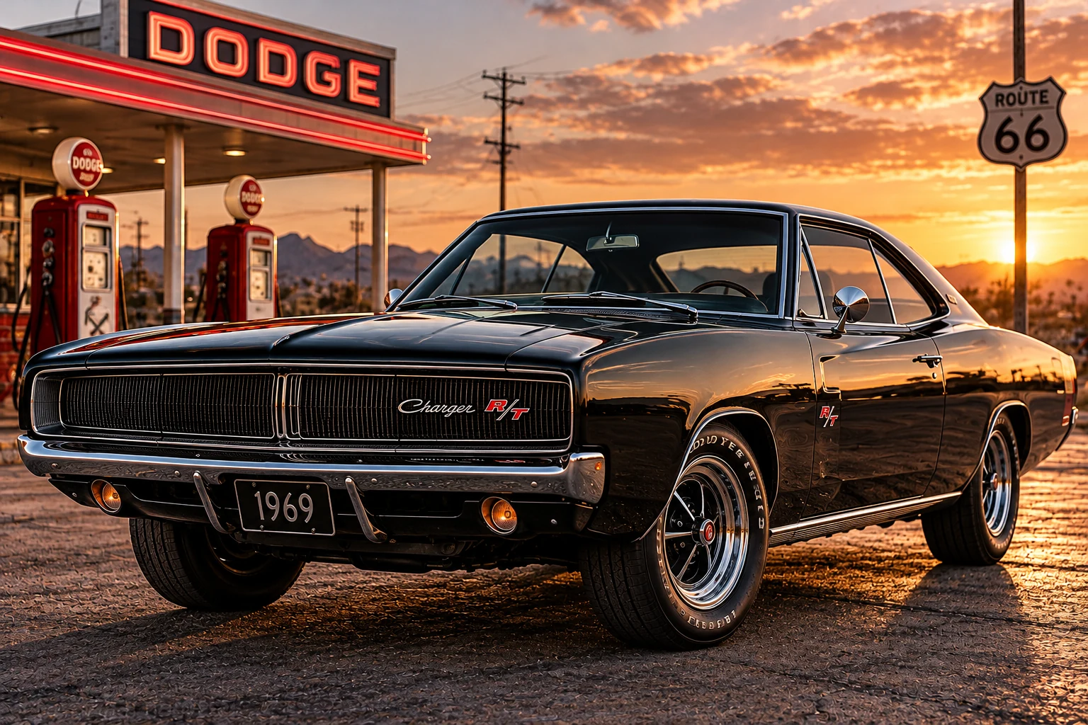Illustration inspired by a 1969 Dodge Charger R/T at sunset