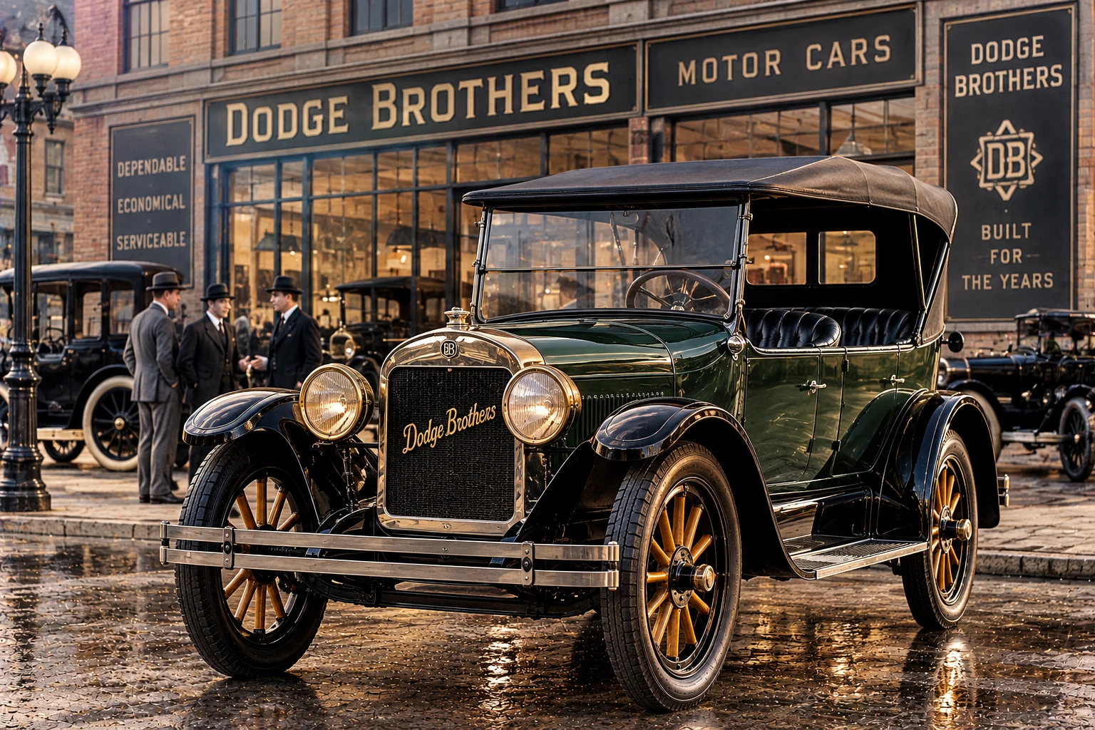 Illustrative reconstruction of a 1910s–1920s Dodge Brothers touring car outside a period dealership