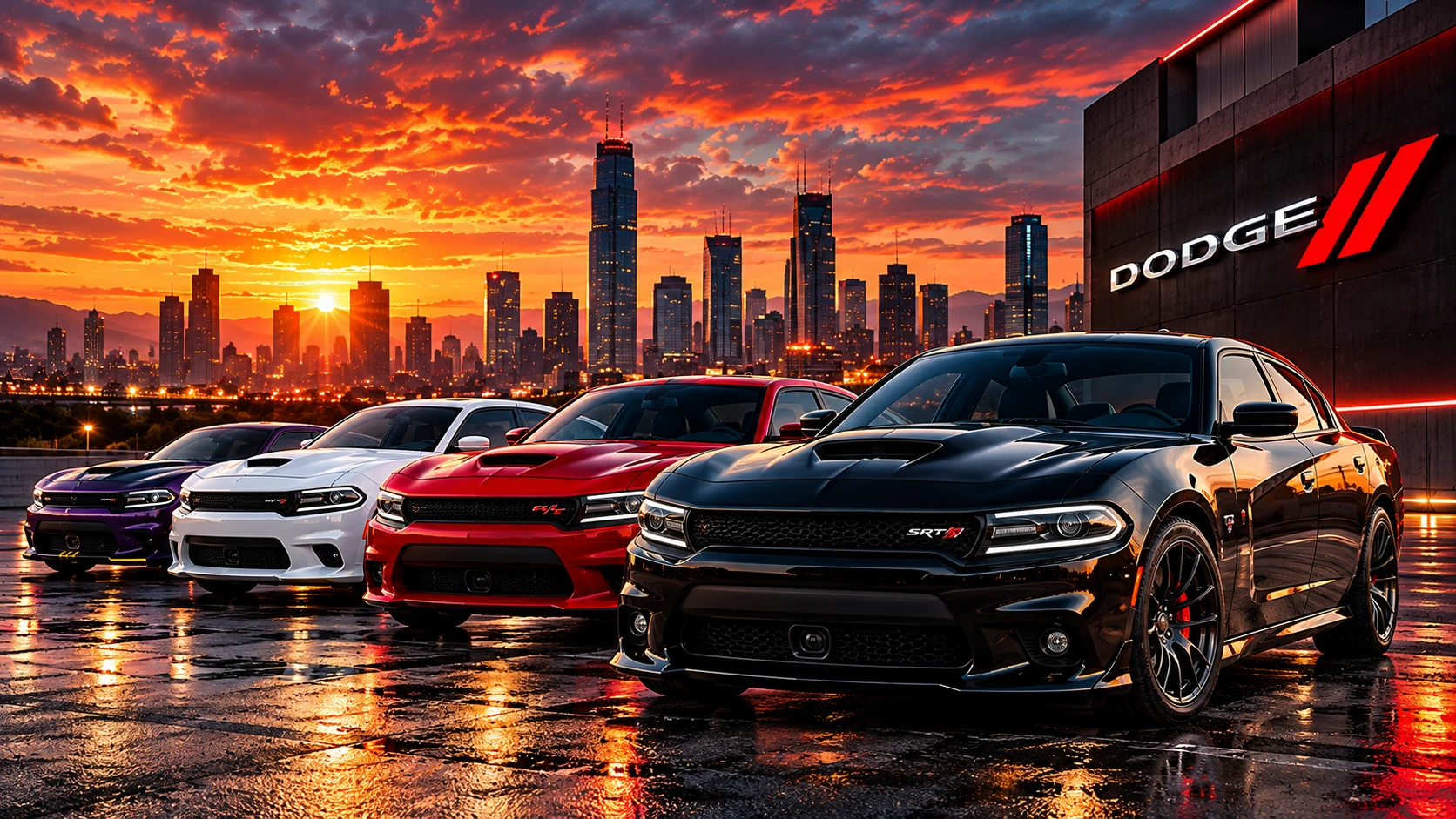 Illustration of modern Dodge Charger-style performance sedans at sunset