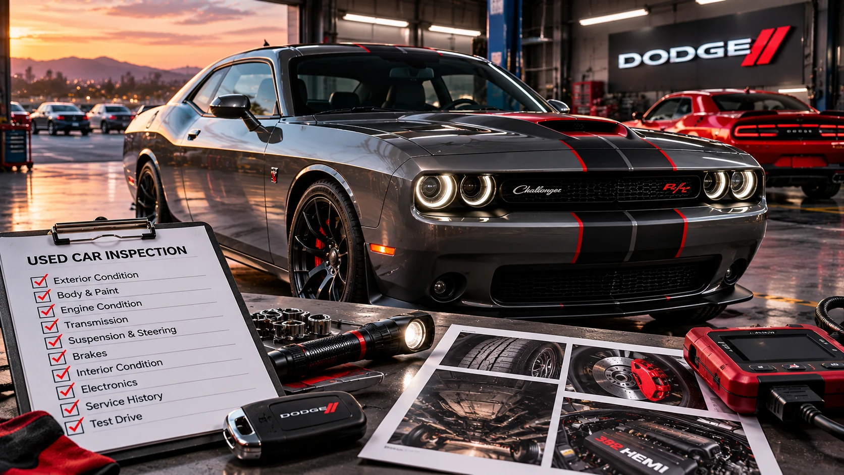 AI-generated Dodge Challenger-style coupe in a garage with a used-car inspection checklist and diagnostic tools
