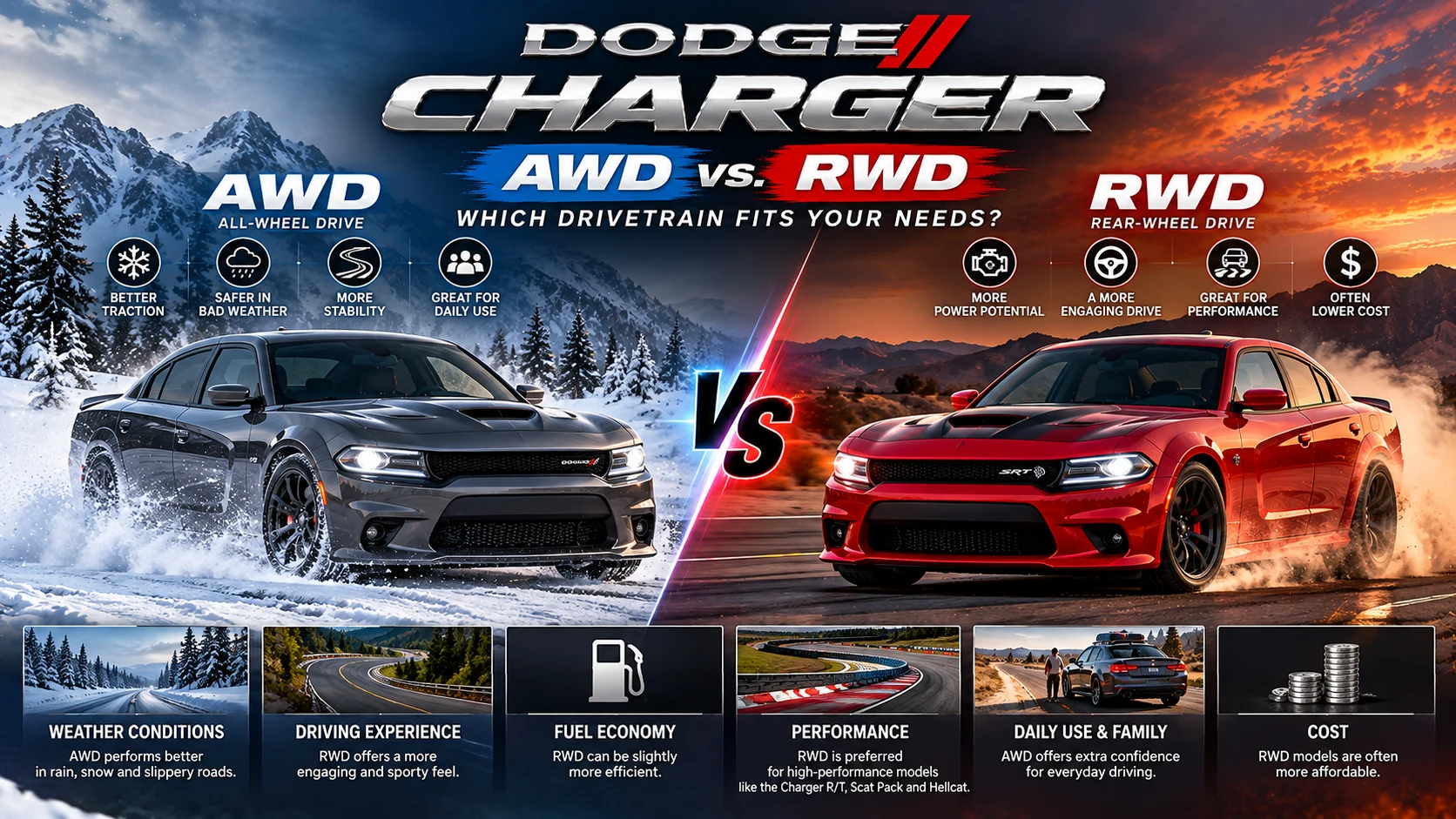 AI-generated split-scene illustration contrasting a Dodge Charger-style sedan in snow with one on a dry performance road