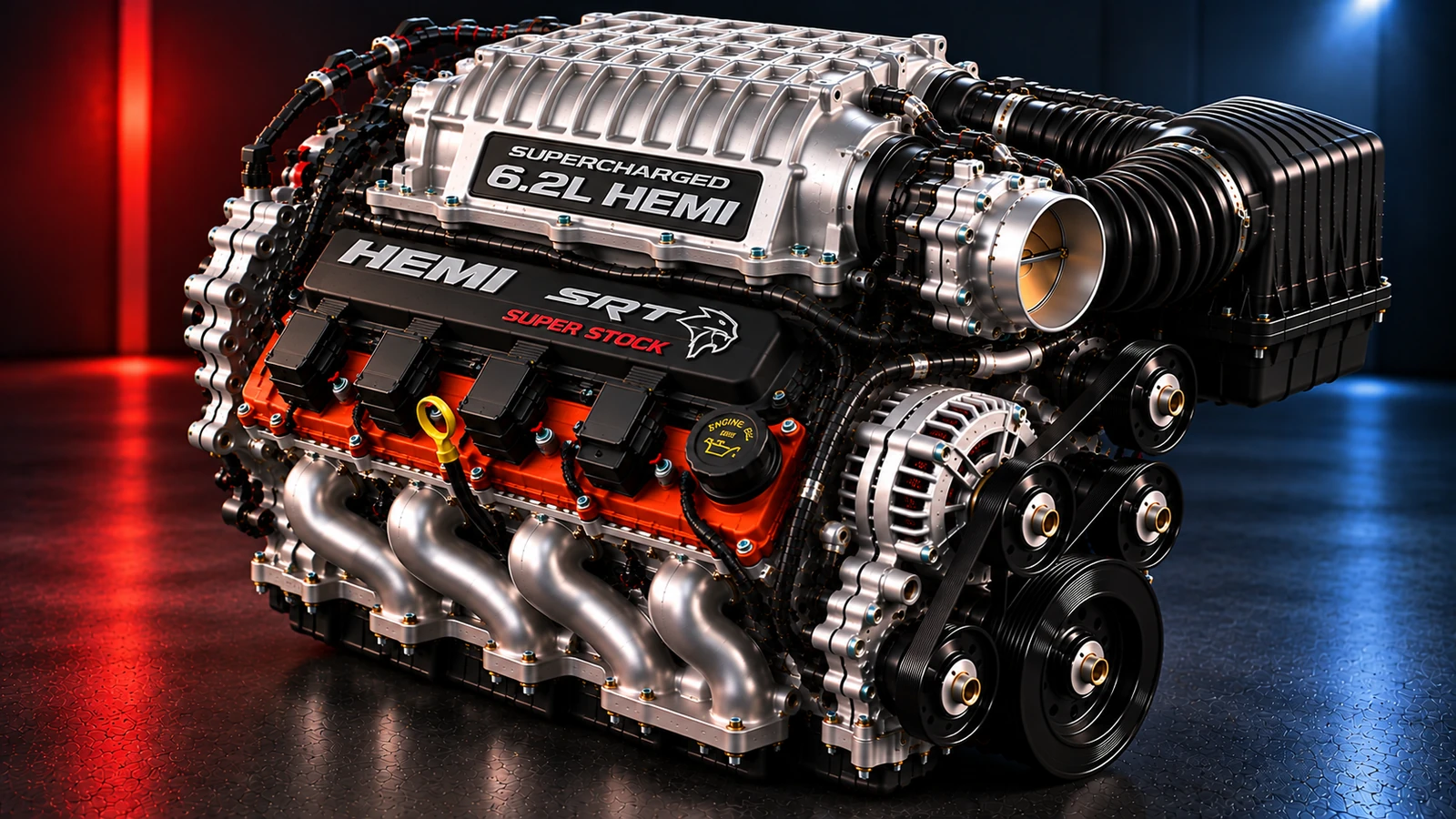 AI-generated editorial illustration: 6.2L Supercharged HEMI V8 (Super Stock) (2023 Challenger)