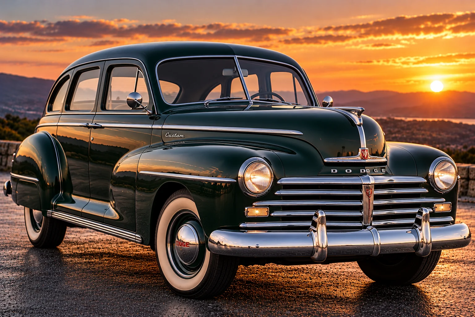 1946–1948 Dodge Custom post-war four-door sedan, front three-quarter view