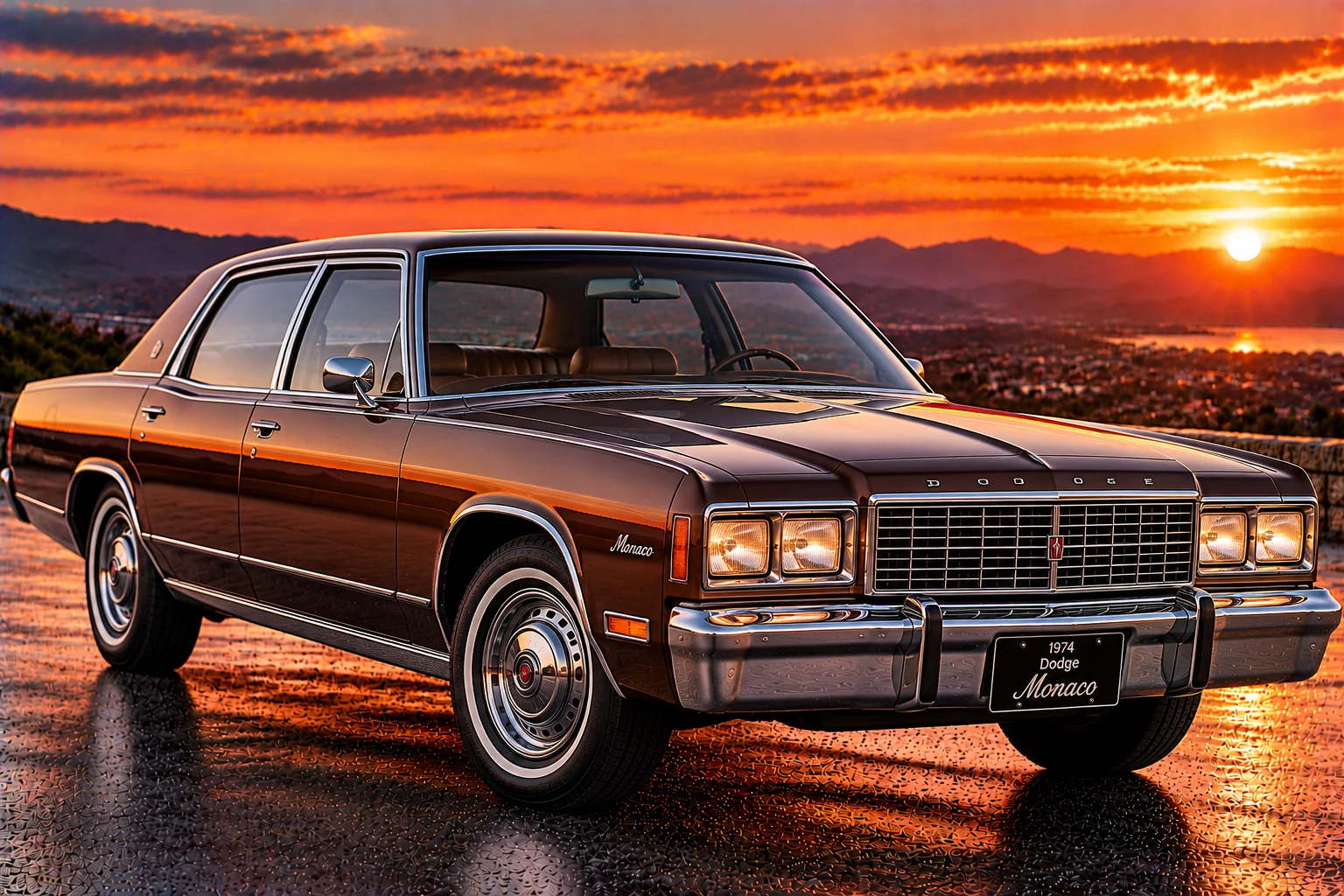 1974 Dodge Monaco four-door sedan, front three-quarter view