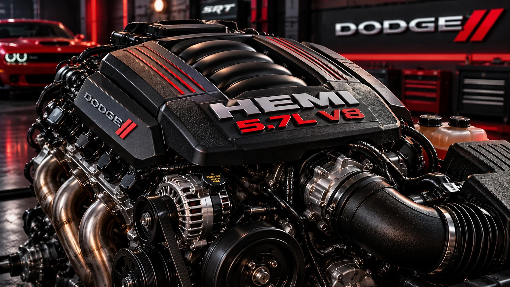 AI-generated conceptual illustration of a 5.7L HEMI V8-style engine in a workshop