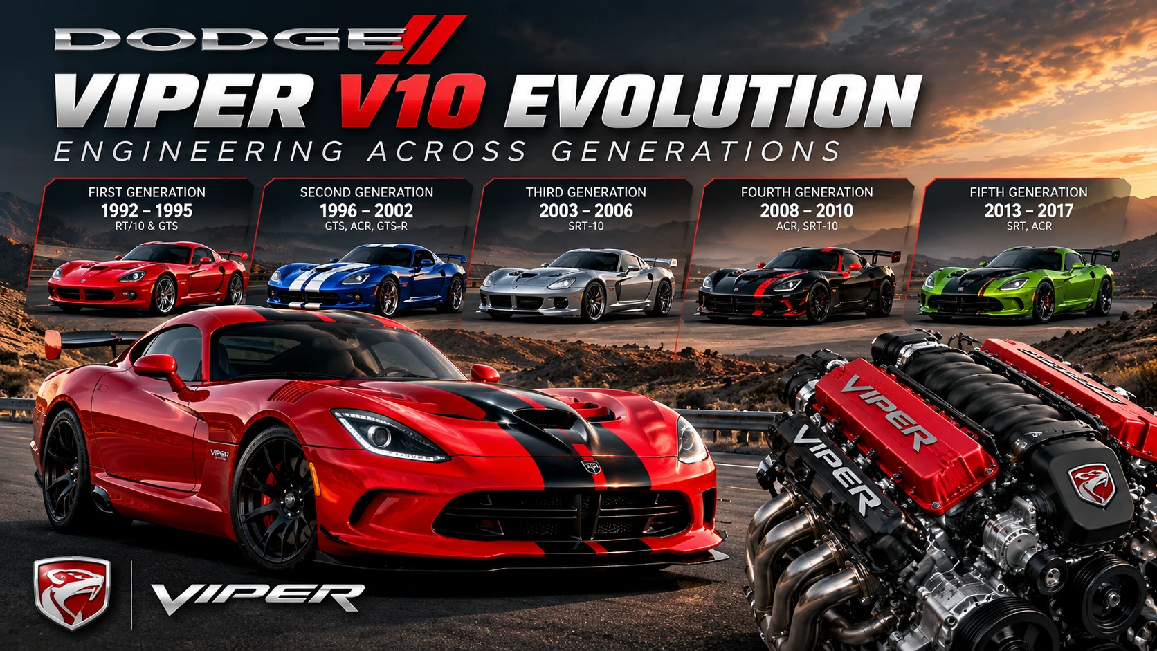 Illustration showing a Dodge Viper V10 engine and Viper sports cars across model eras.