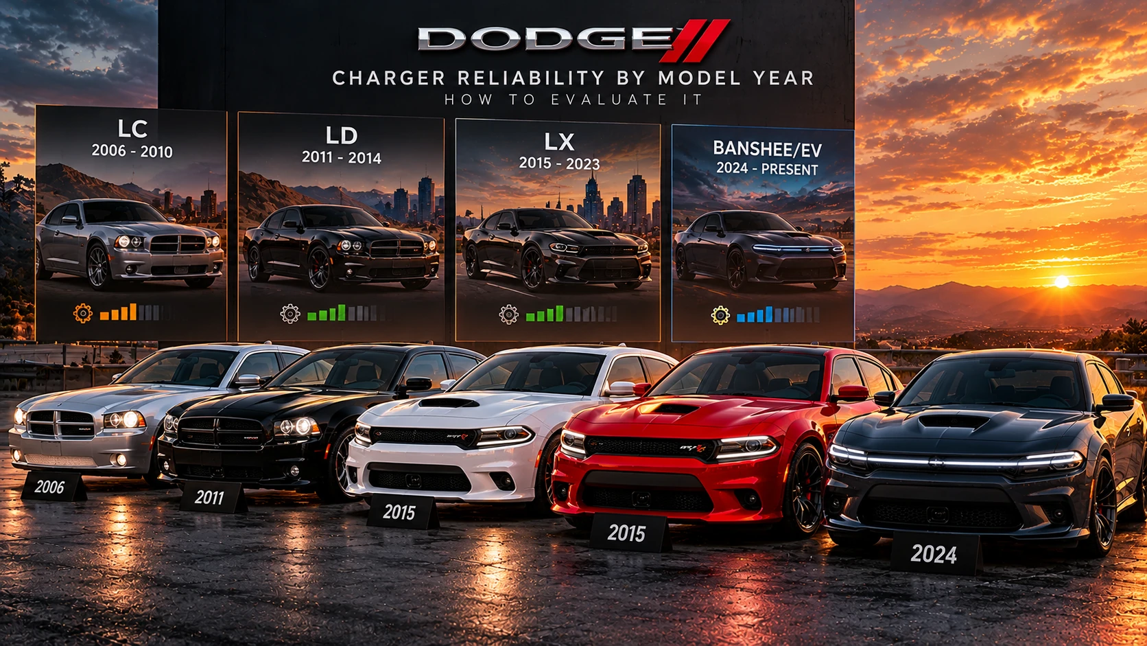 AI-generated Dodge Charger reliability research scene with multiple model years and illustrative ratings