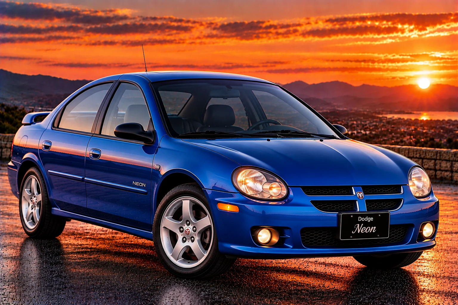 Second-generation Dodge Neon (2000–2005), blue four-door sedan, front three-quarter view