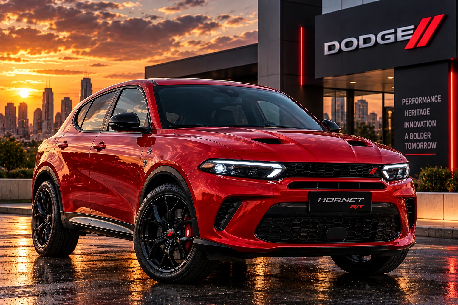 Illustrative modern Dodge Hornet R/T in cinematic urban sunset setting