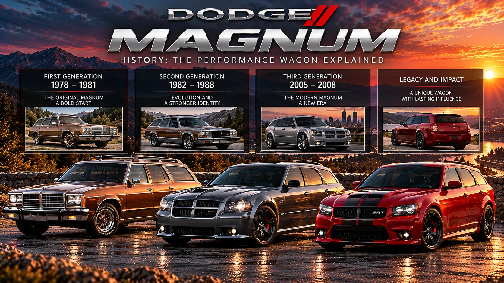 AI-generated Dodge Magnum themed illustration showing classic and modern wagon-style cars at sunset; timeline is not historically reliable