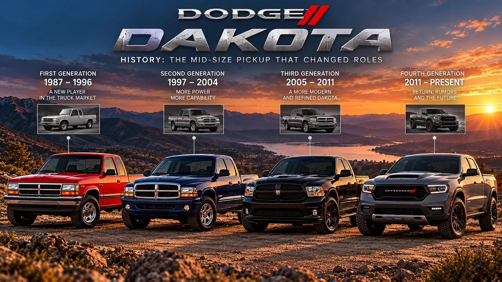 AI-generated illustration of multiple Dodge Dakota-style pickup trucks in a sunset mountain landscape with a fictional fourth-generation timeline