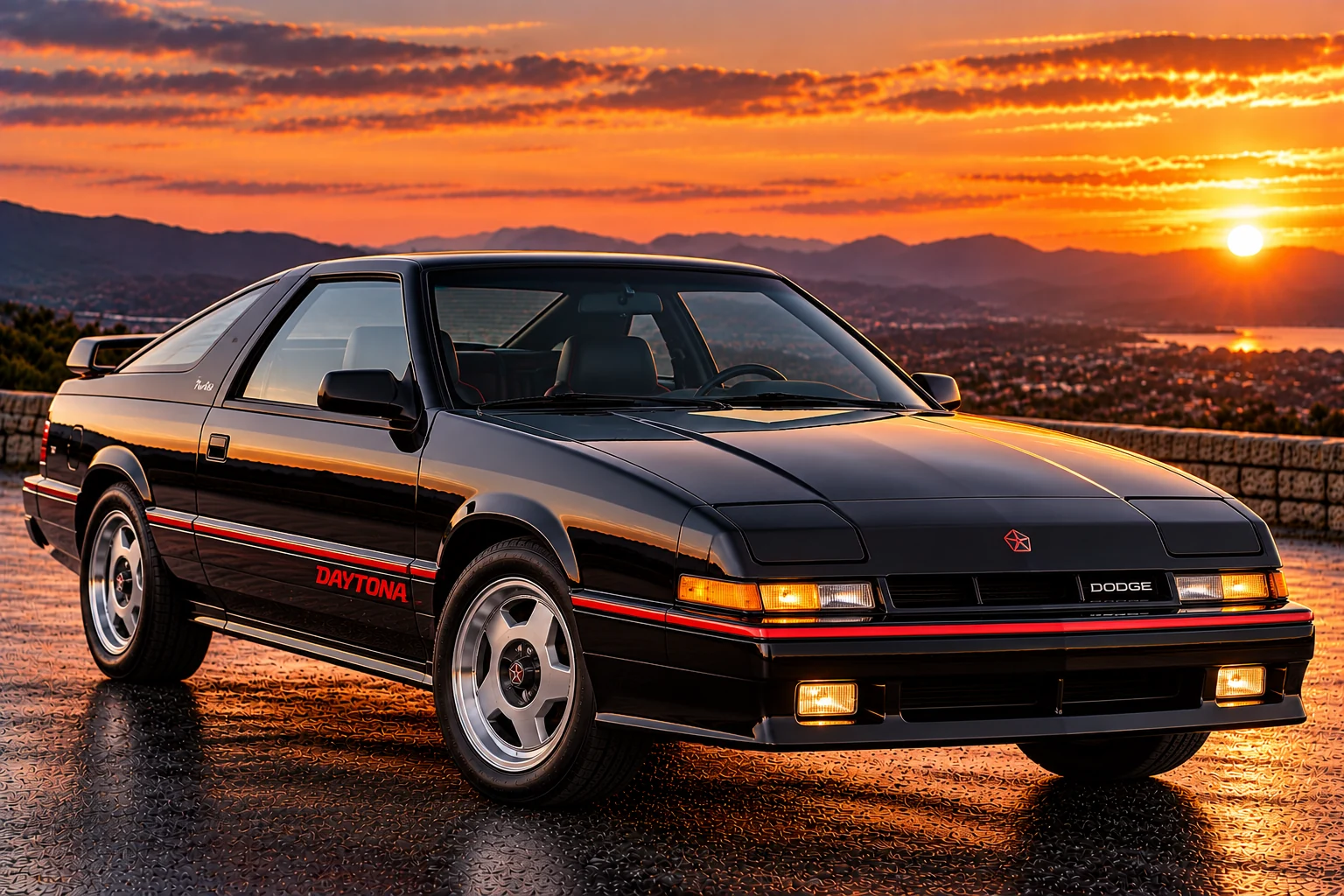1980s Dodge Daytona sports coupe, front three-quarter view