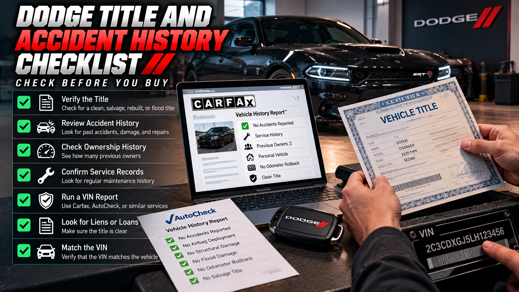 Illustrated Dodge title and accident history checklist featuring vehicle title, VIN matching, vehicle history reports and ownership records.