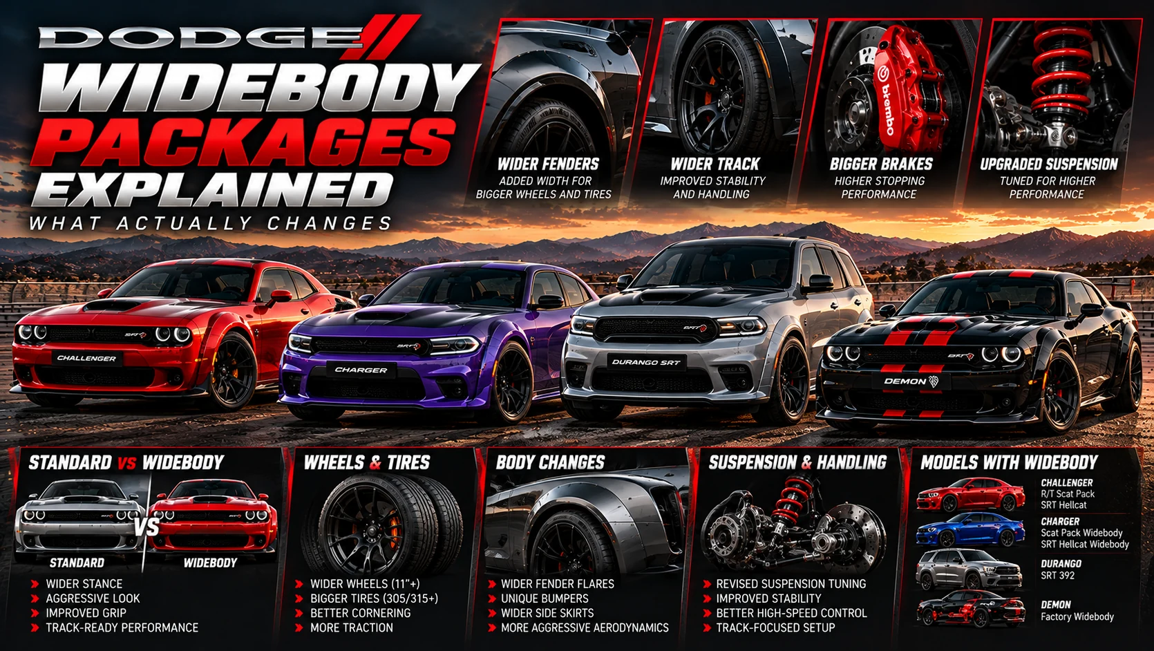 Illustrated Dodge widebody muscle cars with wheel, fender, suspension and brake details.