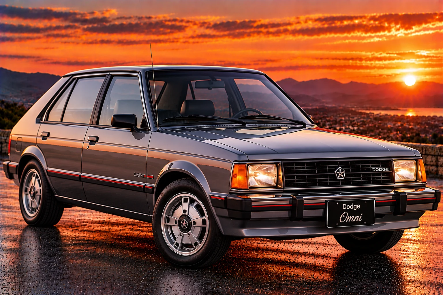 1980s Dodge Omni five-door hatchback, silver, front three-quarter view