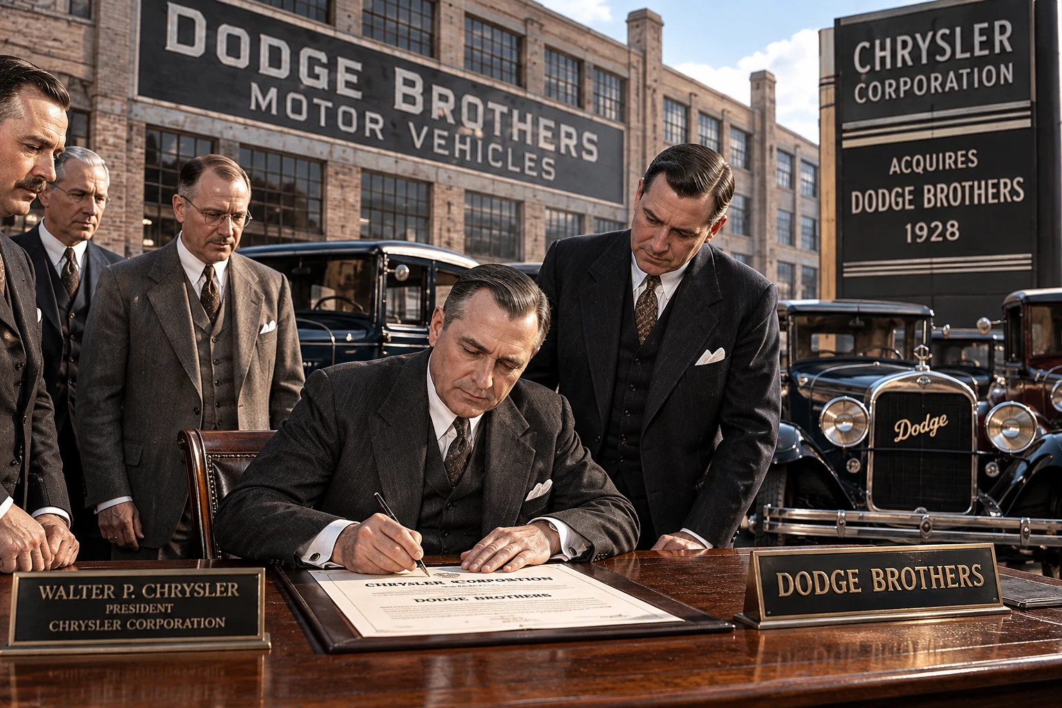 Imagined ceremonial scene depicting Chrysler acquisition of Dodge Brothers in 1928