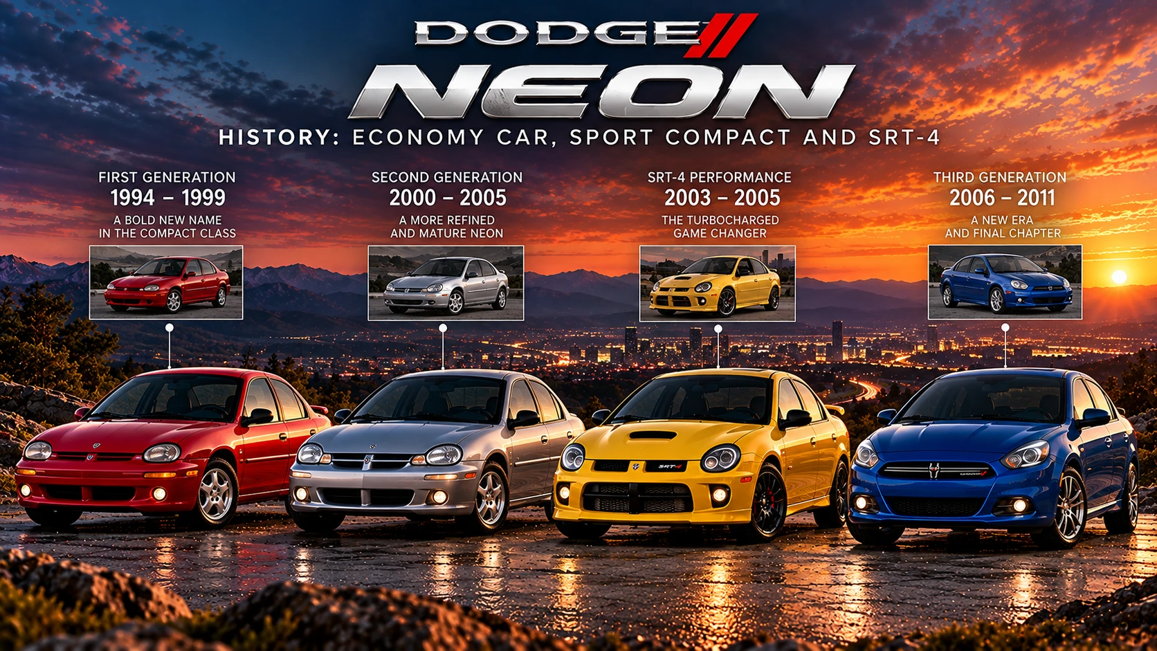 AI-generated illustration of Dodge Neon-style compact sedans including a yellow SRT-4-inspired car at sunset, with a stylized timeline