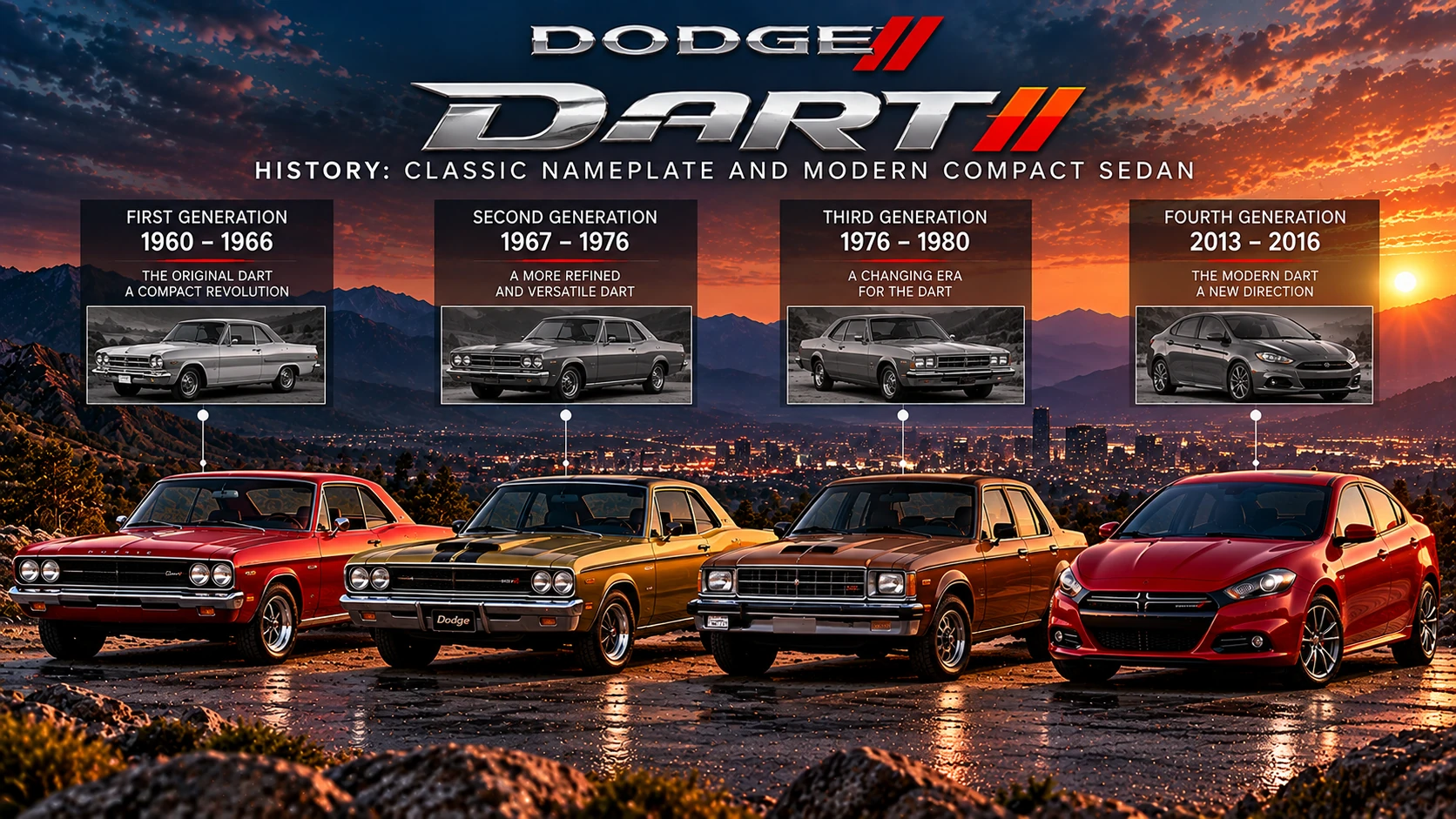 AI-generated illustration of classic and modern Dodge Dart-style sedans against a sunset backdrop with stylized historical timeline