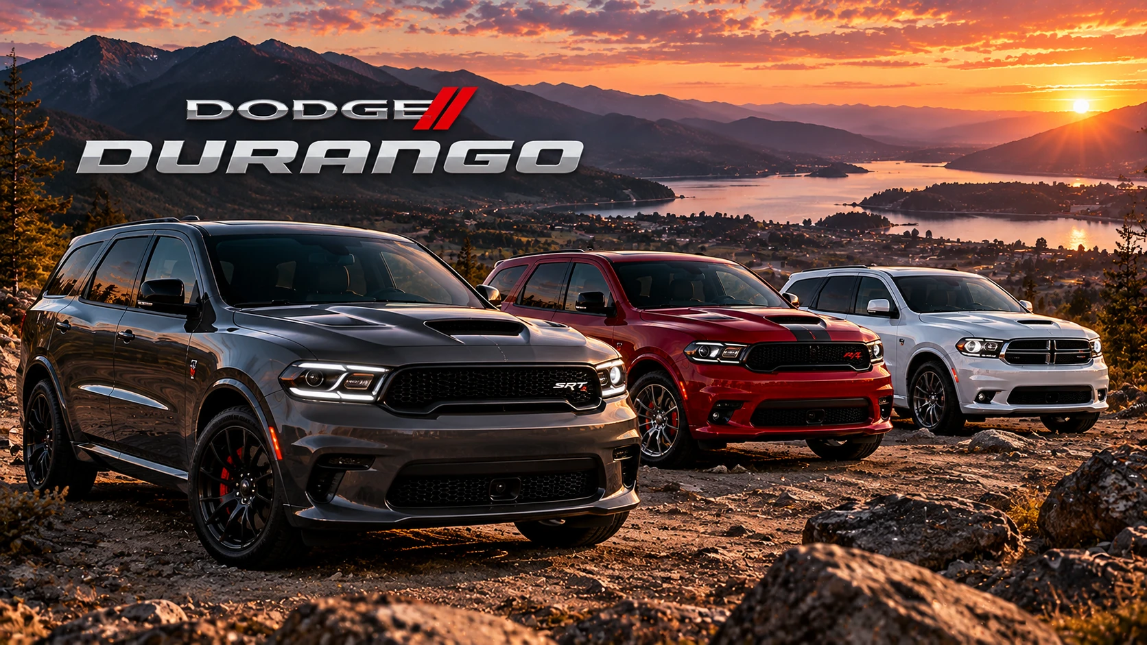 AI-generated illustration of three Dodge Durango-style SUVs on a mountain overlook at sunset