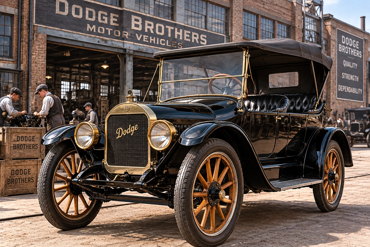 Illustrative reconstruction of early Dodge Brothers touring car near period factory