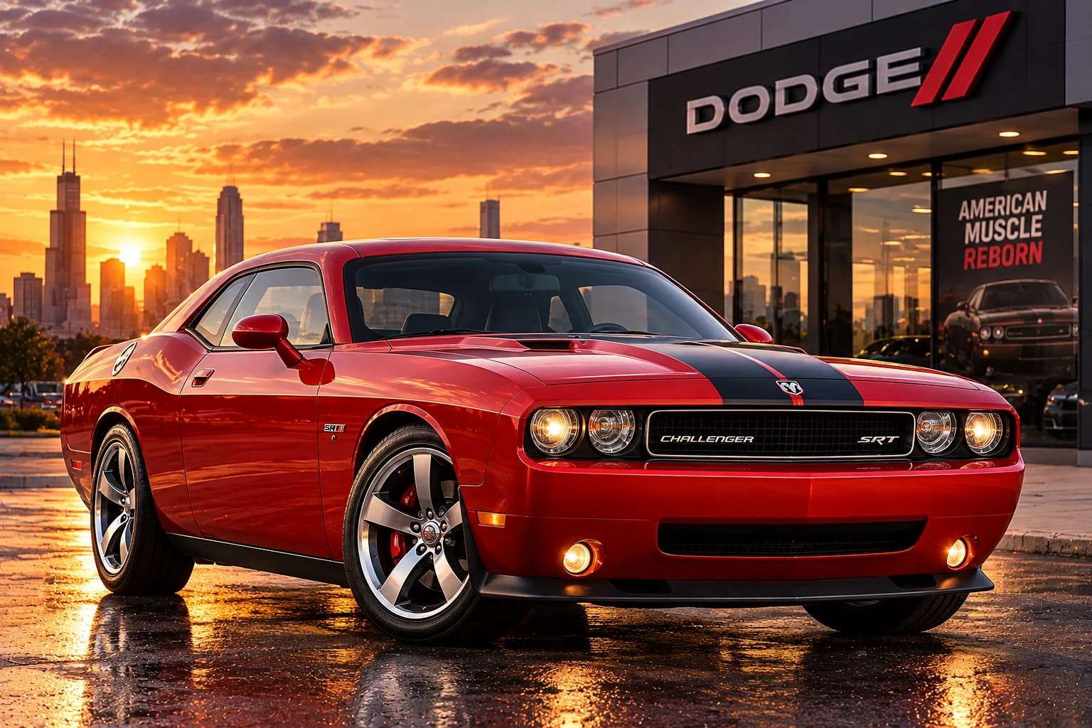 Illustrative 2008 Dodge Challenger SRT8 in a stylized dealership setting