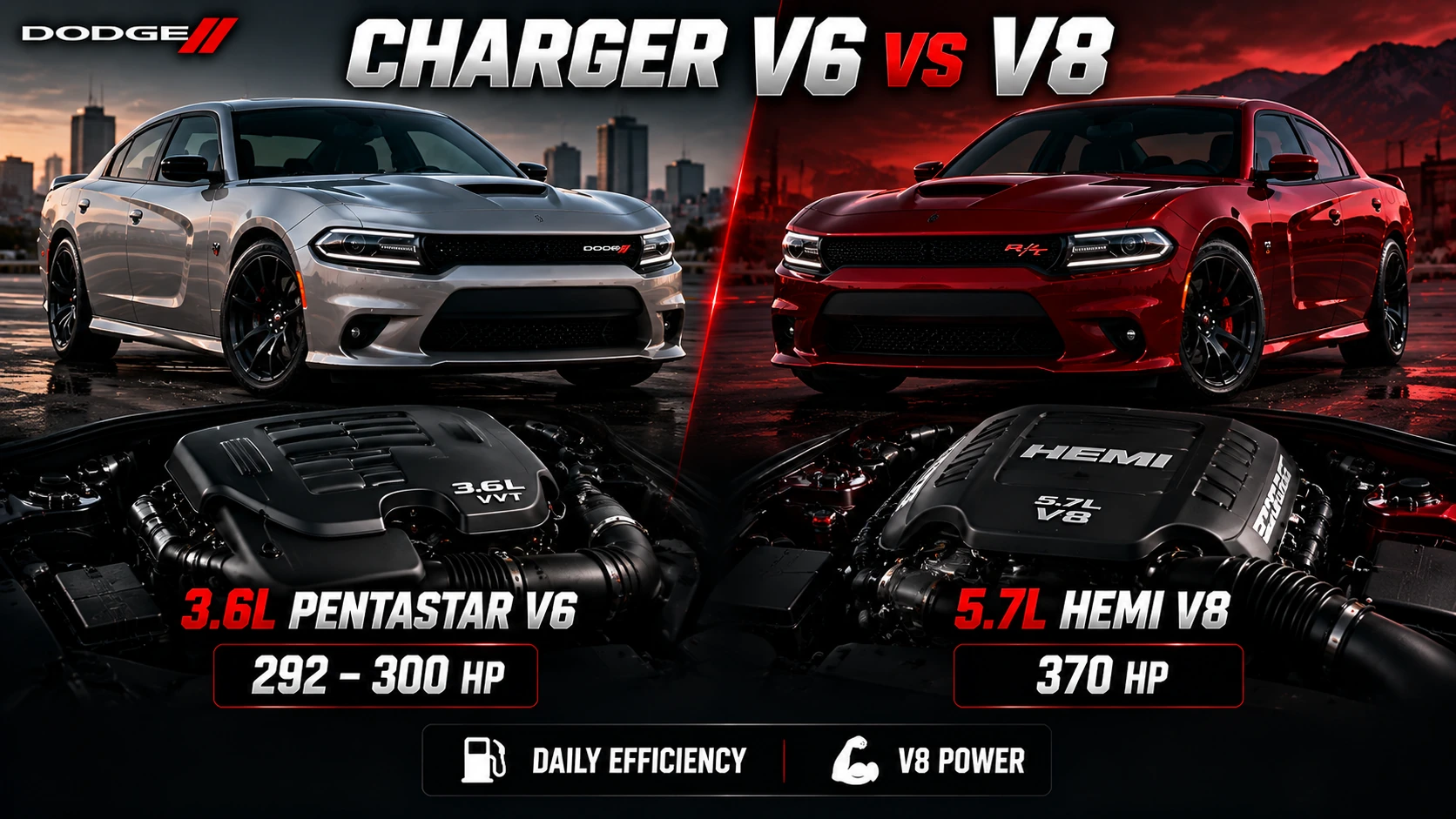 Side-by-side illustration comparing a silver Dodge Charger with 3.6L Pentastar V6 and a red Charger with 5.7L HEMI V8, including engine illustrations and indicative horsepower.