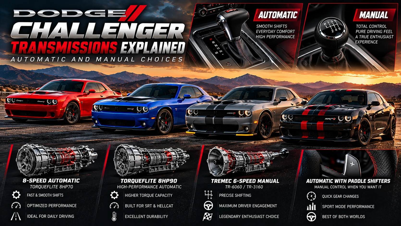 Illustrated Dodge Challenger transmission guide showing manual and automatic shifters, Challenger cars and transmission components.