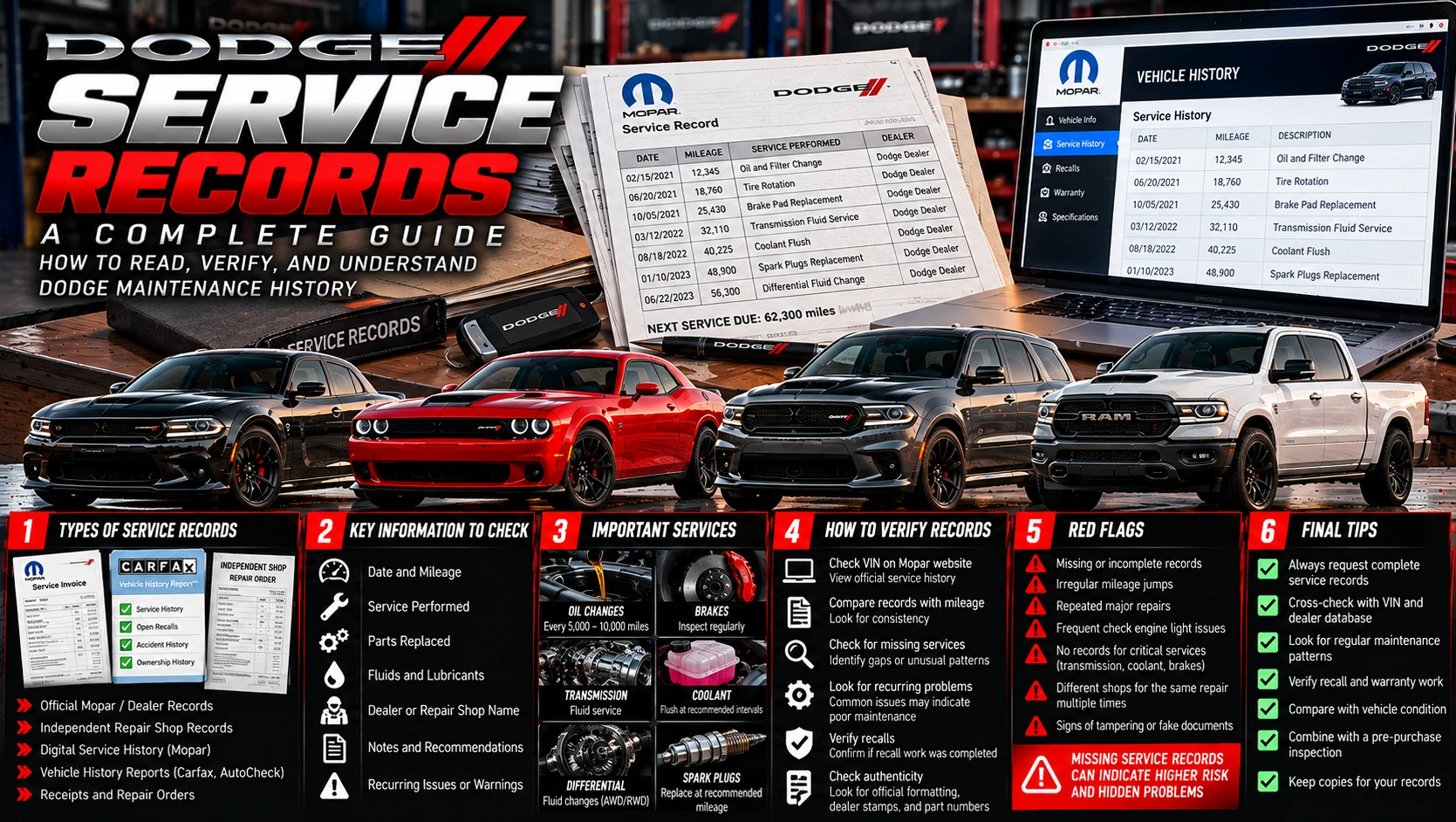 Illustrated guide to reading Dodge maintenance and service records, including sample invoices, mileage, maintenance checks and vehicle history.