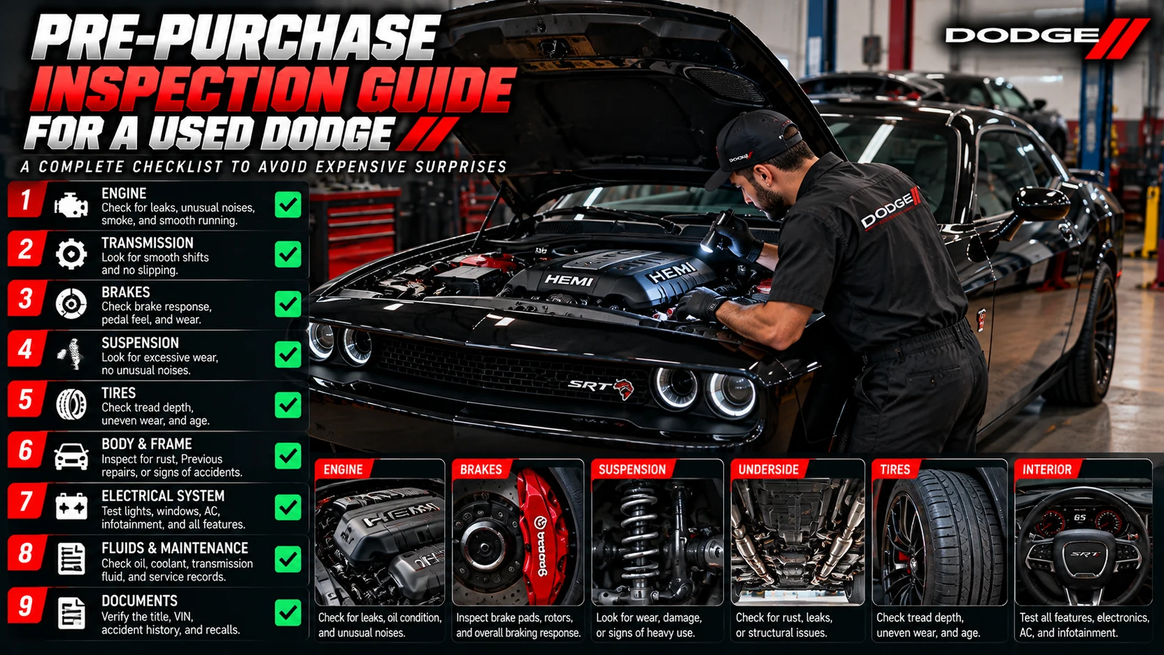 Illustrated pre-purchase Dodge inspection checklist with mechanic inspecting a muscle car engine, brakes, suspension, tires, underside, cabin and vehicle records.