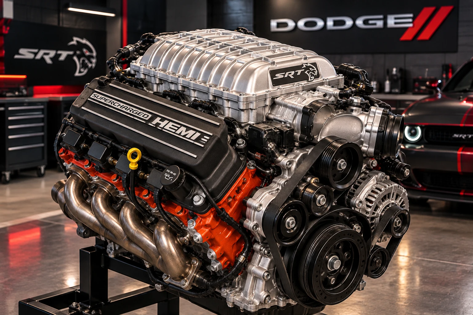 Illustrative 6.2L supercharged HEMI Hellcat V8 engine studio rendering