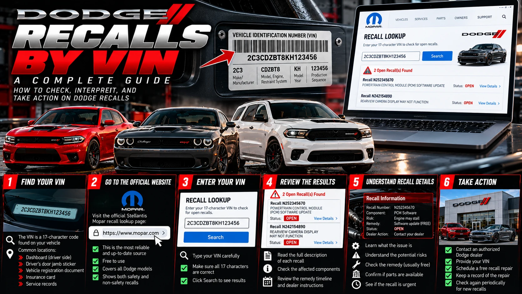 Illustrated guide to checking Dodge safety recalls using a VIN, including a sample VIN label, example lookup interface, and recall follow-up steps.