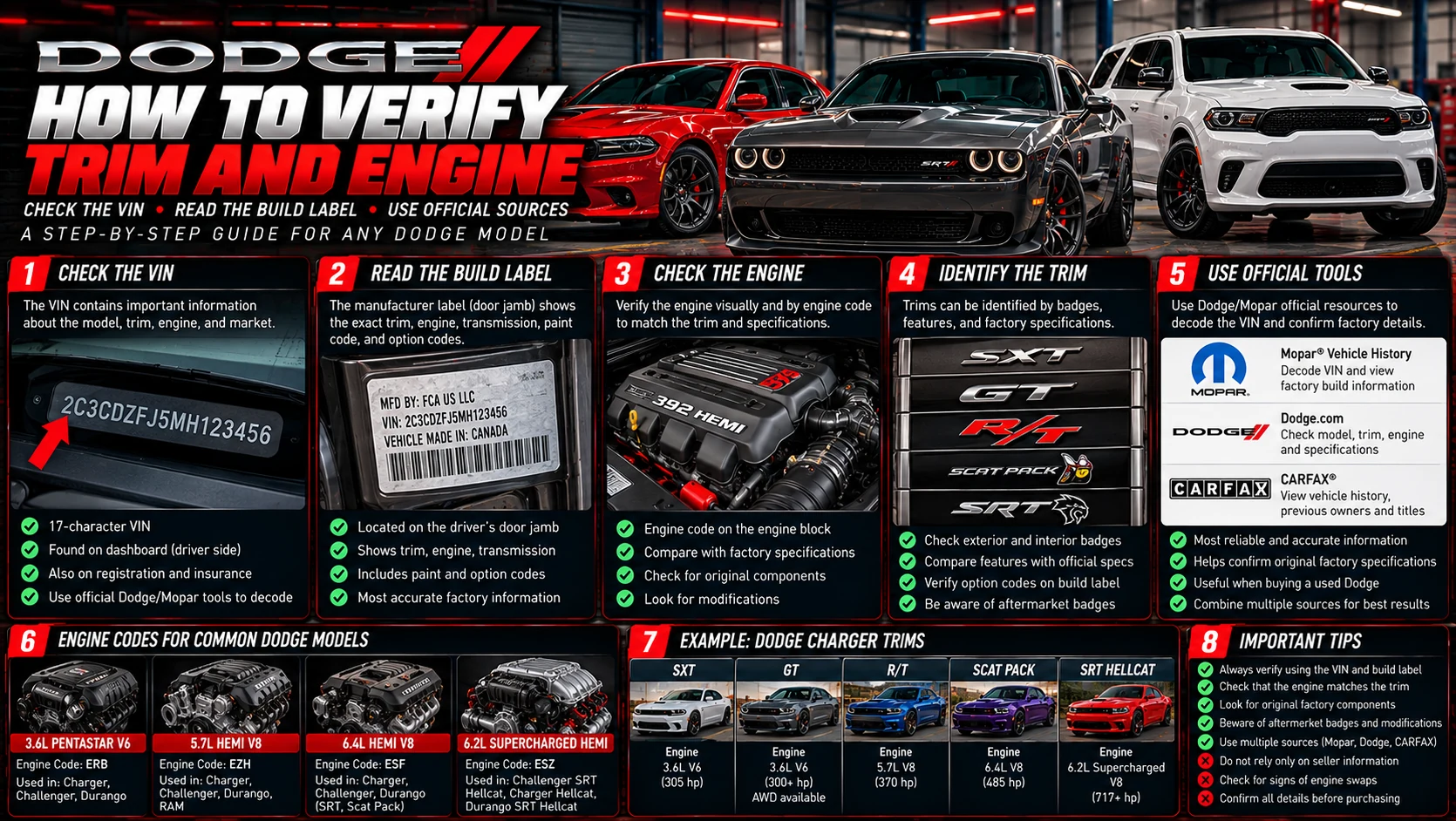 Illustrated Dodge trim and engine verification guide with vehicles, VIN label, engine bay and trim examples.