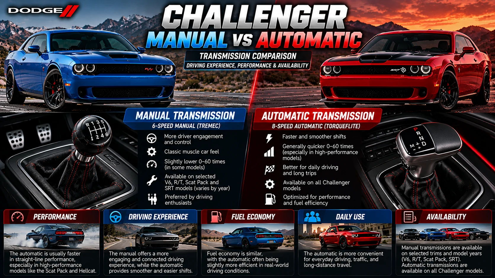Blue and red Dodge Challenger coupes illustrating six-speed manual and eight-speed automatic transmission choices, with shifter close-ups and driving-characteristic comparisons.