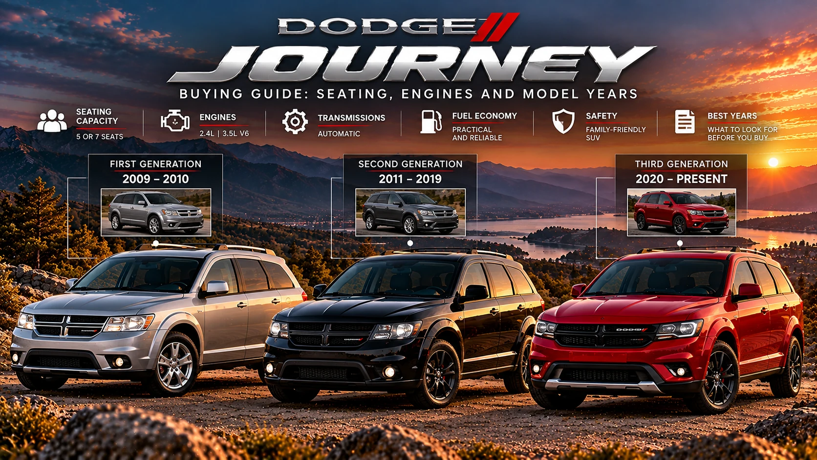 AI-generated illustration showing three Dodge Journey-style SUVs at sunset