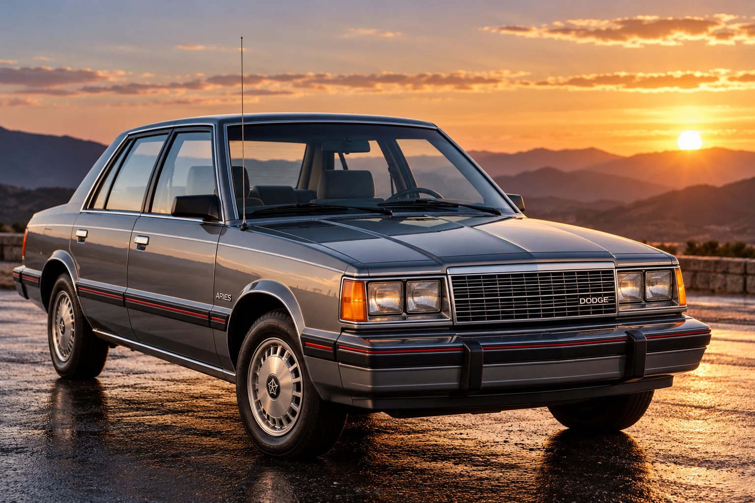 1985-era Dodge Aries four-door K-car sedan