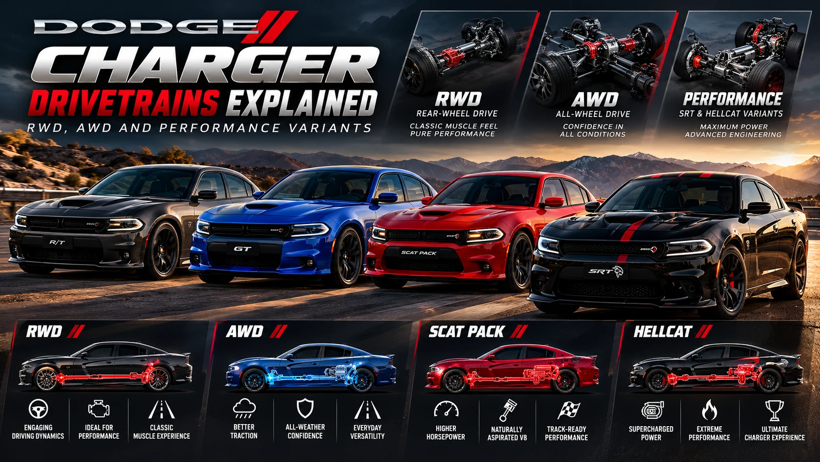 Illustrated comparison of Dodge Charger rear-wheel drive, all-wheel drive, and performance variants.