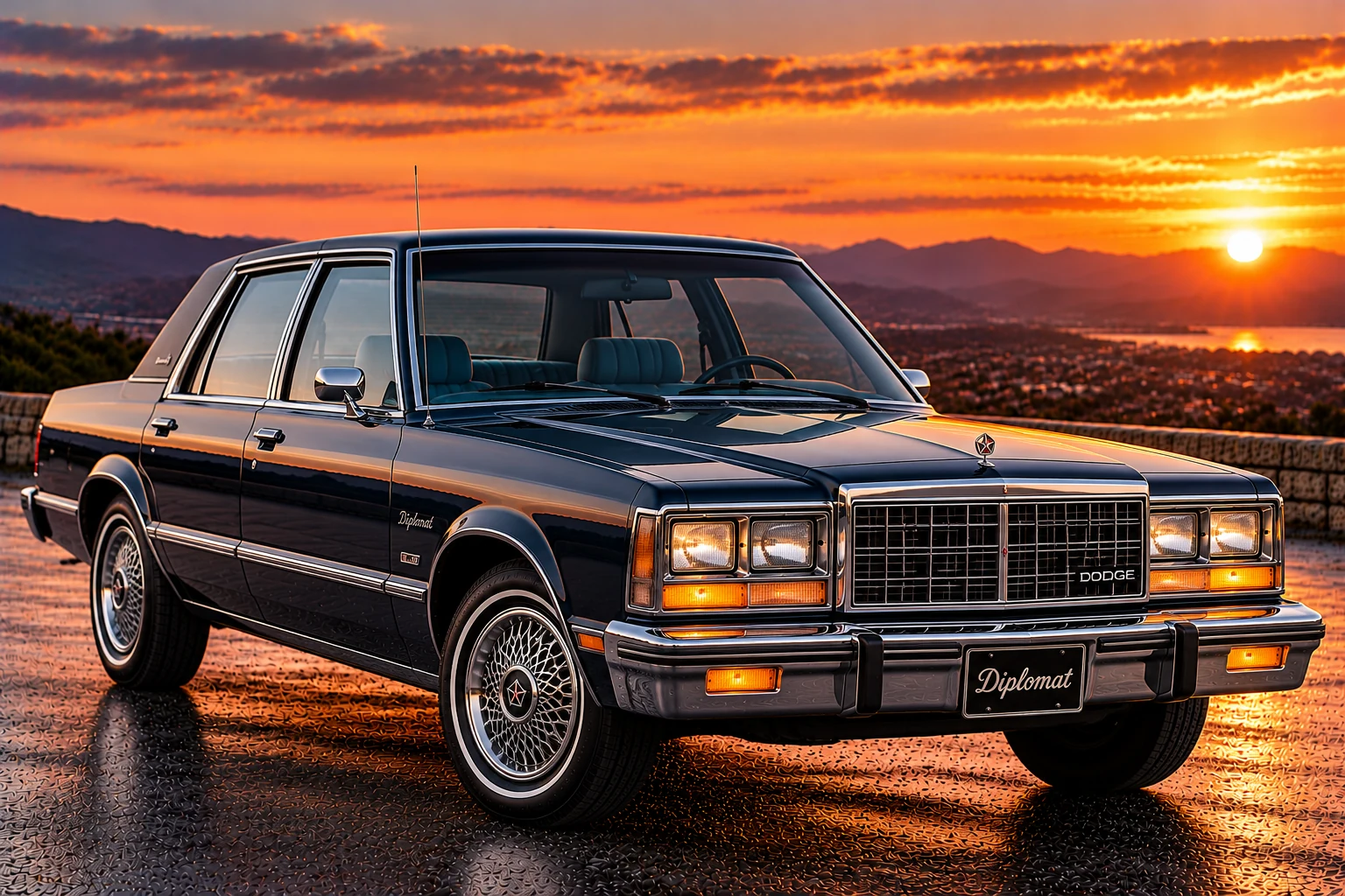 1980s Dodge Diplomat four-door sedan, front three-quarter view