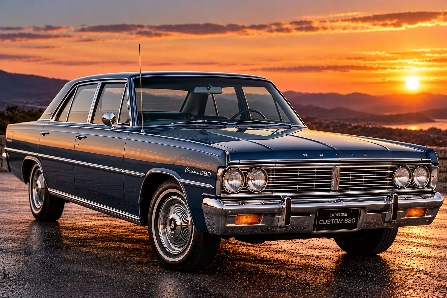 1964 Dodge Custom 880 four-door full-size sedan, front three-quarter view