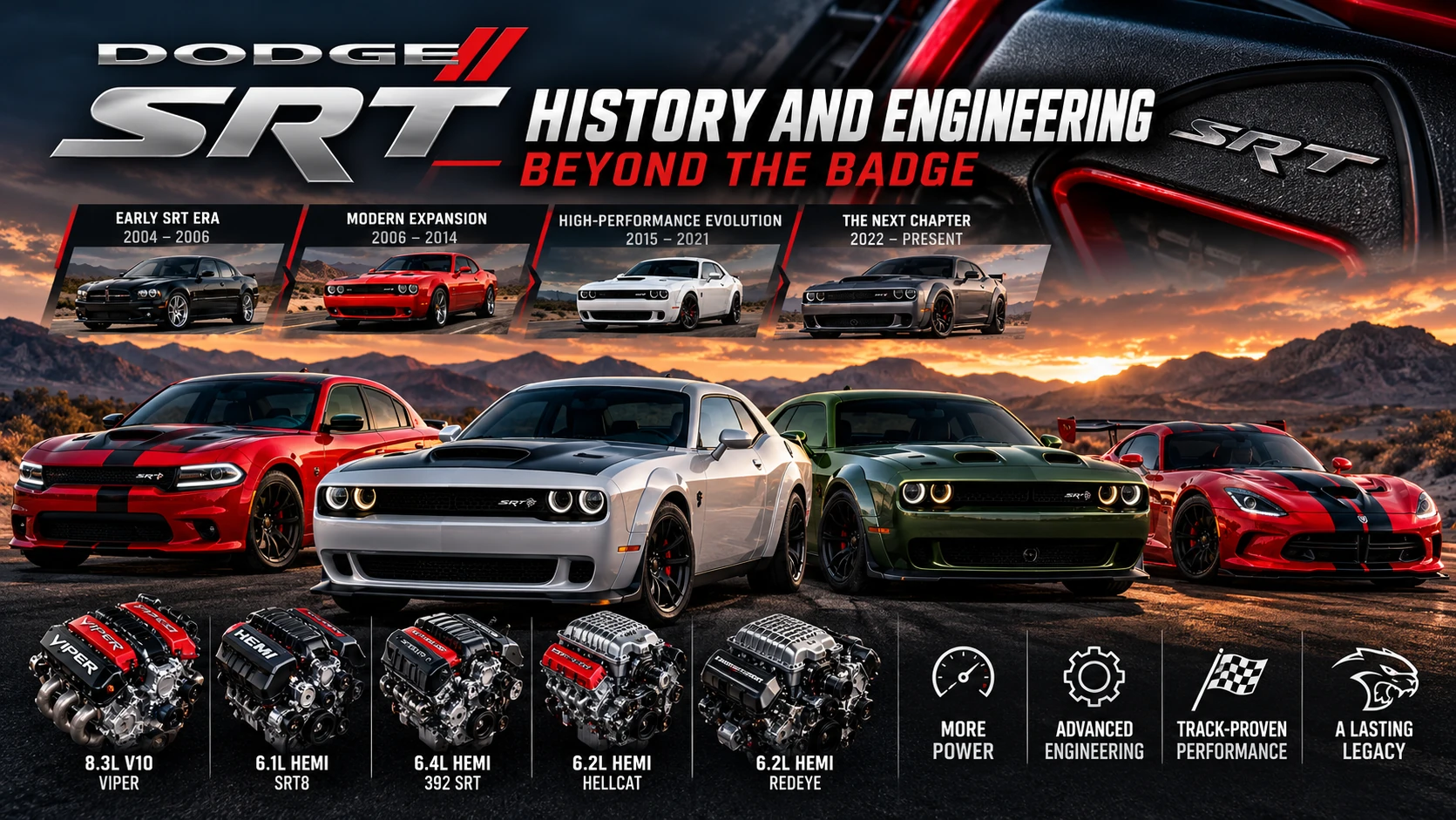 Illustrated Dodge SRT performance lineup with engine imagery and a conceptual SRT history timeline.