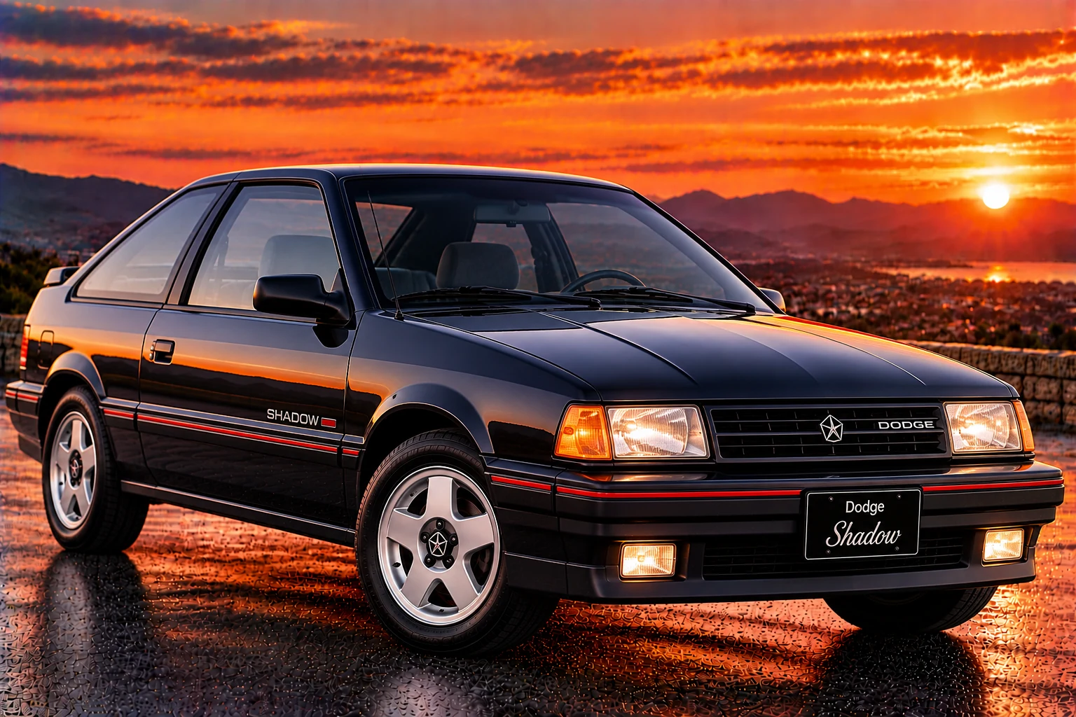 Late 1980s–early 1990s Dodge Shadow hatchback, black, front three-quarter view