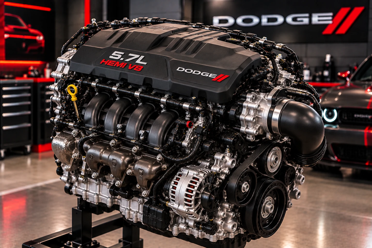 Illustrative 5.7L HEMI V8 engine studio rendering