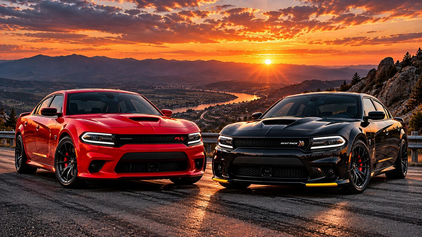 AI-generated illustration comparing a red Dodge Charger R/T-style sedan and black Scat Pack-style sedan on a mountain road at sunset