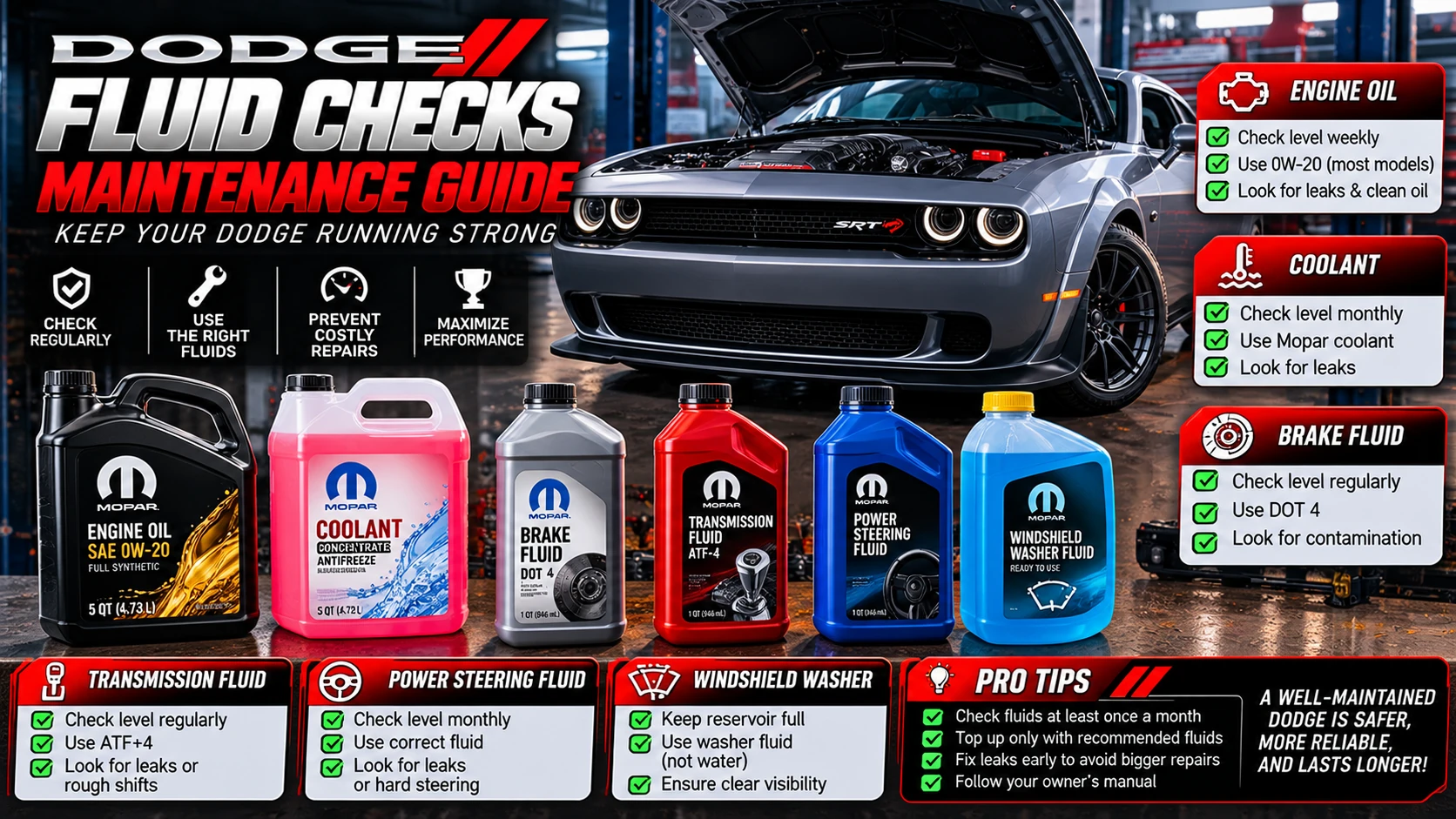Illustrated Dodge performance modifications including engine tuning, intake, suspension, brakes and reliability considerations.
