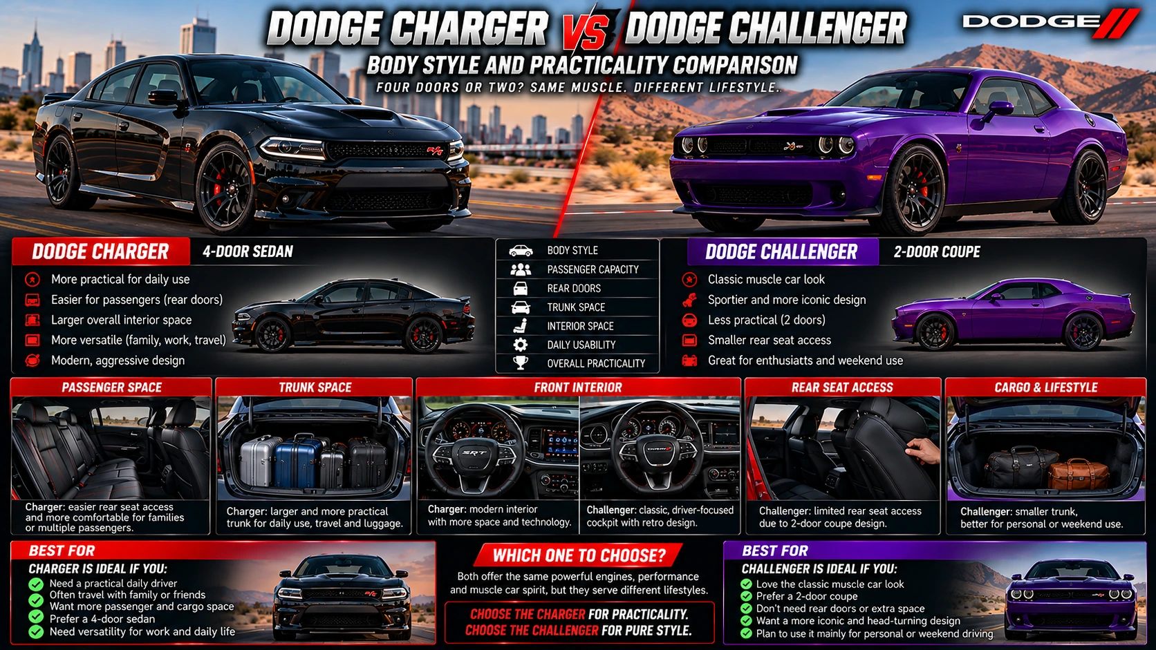 Side-by-side Dodge Charger four-door sedan and Dodge Challenger two-door coupe with illustrated passenger access, interior and cargo comparisons.