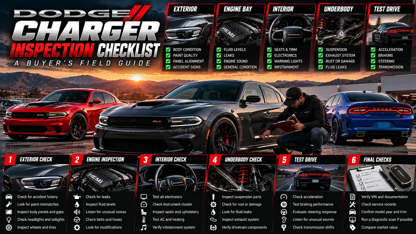 Illustrated Dodge Charger buyer inspection checklist showing exterior, engine bay, interior, underbody, test drive and documentation checks.