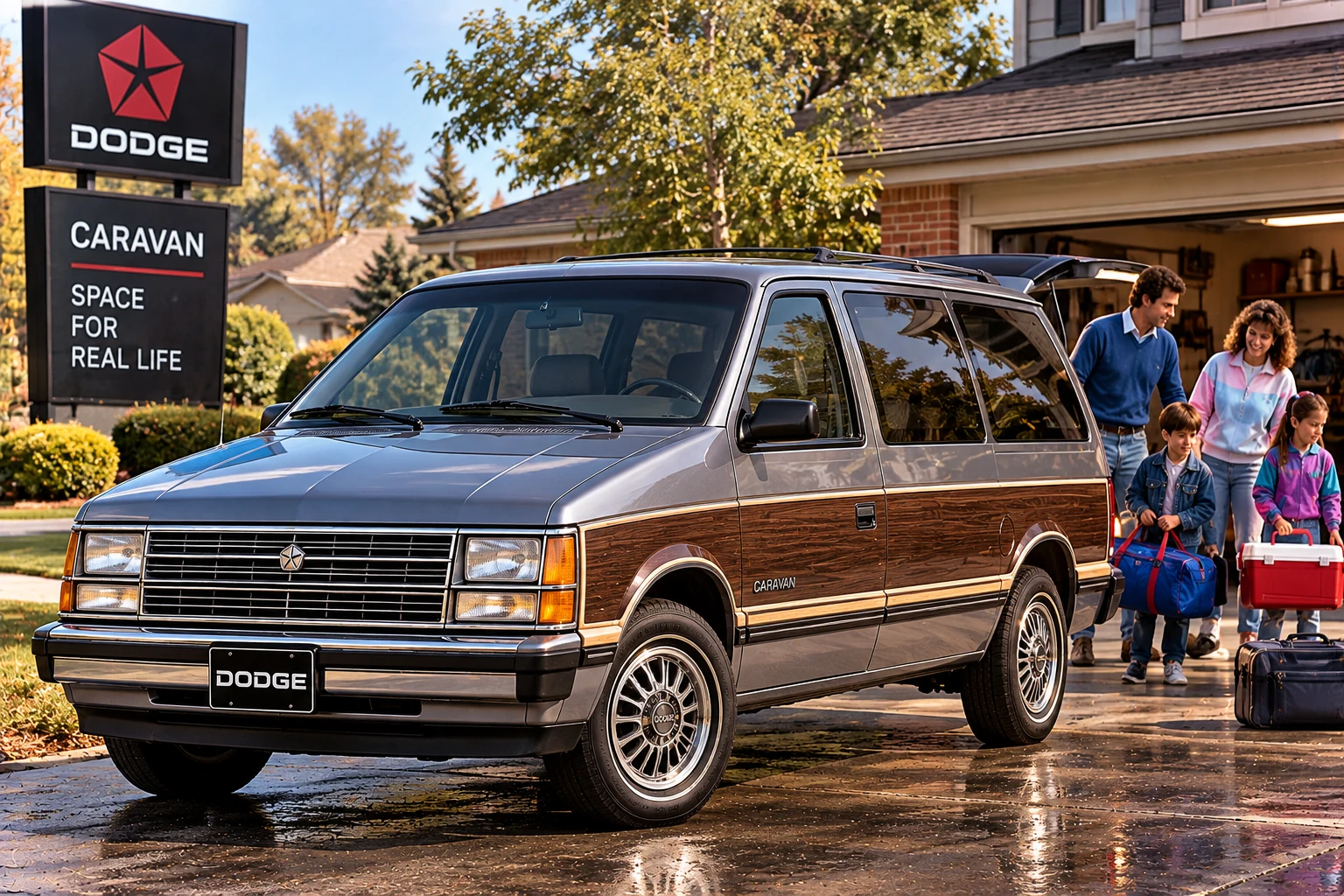 Illustrative first-generation Dodge Caravan in a stylized 1980s suburban family setting