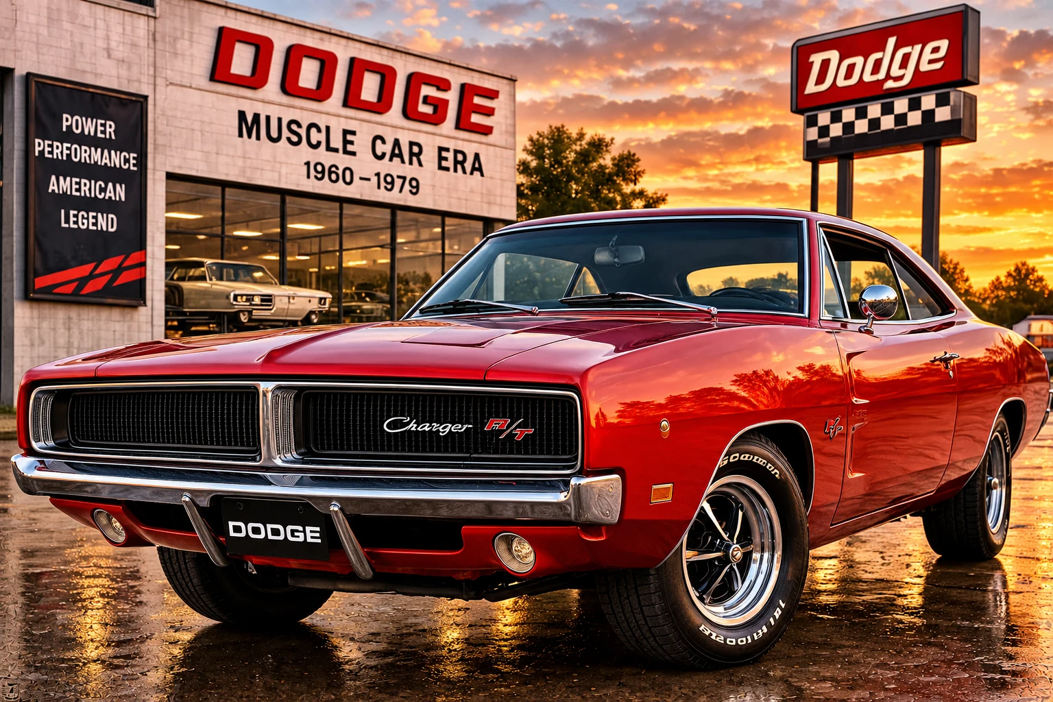 Illustrative red 1969 Dodge Charger R/T in a stylized muscle-car-era dealership scene