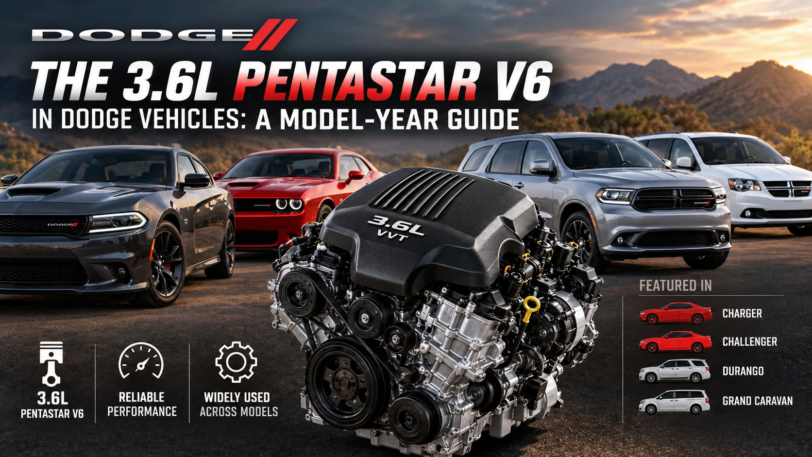 AI-generated illustration of a 3.6L Pentastar V6-style engine with Dodge Charger, Challenger, Durango and Grand Caravan vehicles.